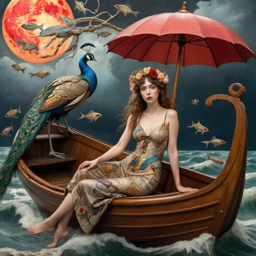 Prompt: Waterhouse, Klimt and and Botticelli style. Full body in  swimsuit woman  with a elf, in a surreal flying boat Surrounded by flying fish in Dali's style, with a beautiful and very detailed face with scars, roots in the face and eyes. ((full body)). Ground-bound by ((roots)) . Klimt style ((dress)) in nineteenth-century fashion. Sunset and stormy day. Raining , red moon, flowers, ((peacocks)), van Gogh style. Hyper-detailed, hyper-realistic, ornate, meticulously detailed, muted colors, muted colors, meticulous, intricate, highly detailed il. Cinematic light. Artwork. Masterpiece. Extremely detailed

