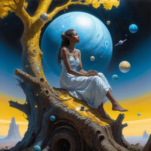 Prompt: (woman sitting on a tree stump), strange background of planets, sky with a giant object (blue, yellow, white, and black), (Donato Giancola) style, (fantasy art), (solarpunk), surrealist painting, vibrant colors, high contrast, mystic and fantastical atmosphere, intricate details, ethereal lighting, otherworldly landscape, dreamlike quality, ultra-detailed, 4K resolution, rich textures, deep space scene, cosmic elements.