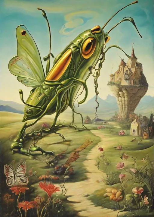 Prompt: Salvador Dalí style vision, surrealist, dreamlike, precise, melting   A giant woman grasshopper invading a surreal fairy village , butterfly, flower