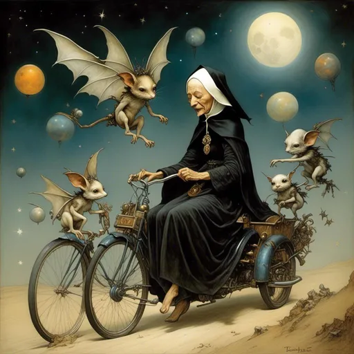 Prompt: <mymodel> Jean-Baptiste Monge, Justin Gerard and Salvador Dali a full body (Gothic in swimsuit nun on motorcycle), showcasing her (elegant legs) , in a haunting ghost village, illuminated by multiple (colorful moons) in a starry night sky, mysterious (bats) soaring above, accompanied by ominous (monsters) lurking in the shadows, scattered (birds) enhancing the atmosphere, dramatic lighting, eerie ambiance, high detail, ultra-detailed, cinematic masterpiece. 