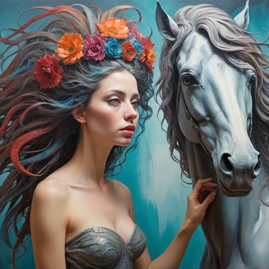 Prompt: (figurative art) surrealist painting of a woman with an extravagant and voluminous hair-sculpture crowning her head, intricately detailed, vivid colors. A man in the background gently interacts with a graceful horse, creating surreal dynamics, dreamlike atmosphere. (David Firth style). Heightened emotional undertones, ultra-detailed, artworks exuding a sense of wonder and surrealism, textured brushstrokes, large canvas format, compelling scene composition.