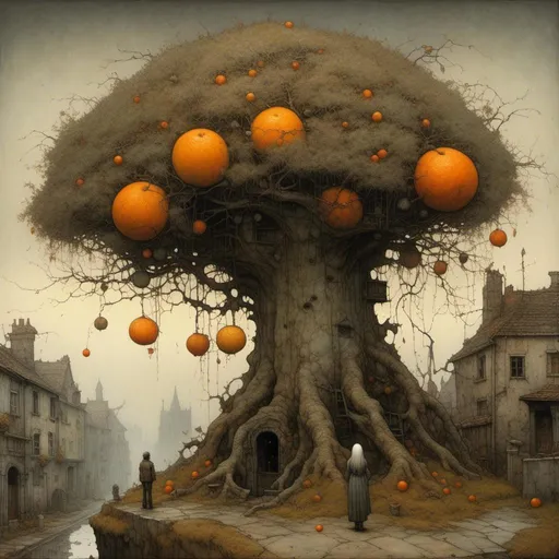 Prompt: Jean-Baptiste Monge woman <mymodel> a painting of a tree with two oranges on it's branches and a man standing in front of it, Beksinski, fantasy art, dystopian art, a surrealist painting