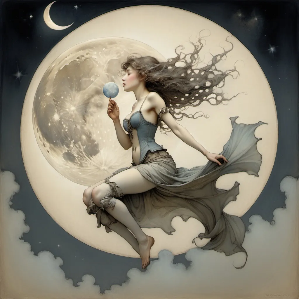 Prompt: (art nouveau style), painting of a Jean-Baptiste Monge woman, muted color scheme, ethereal ambiance, portrait emerging from a moon, one leg extending out of the frame, other leg intricately positioned within the frame, captivating expression, enchanting details, soft textures, dreamlike composition, harmonious contrast, high quality, ultra-detailed craftsmanship, mystical lighting.