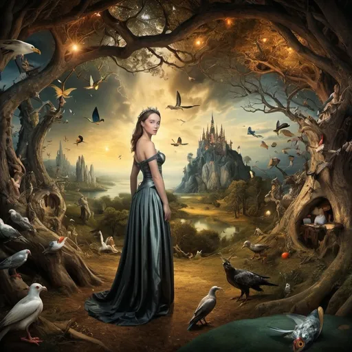 Prompt: (Bruegel)), ((Bosch)) and ((Dali)) style . a  beautiful woman inside in a ((big fairy wood)) in a surreal valley at sunset in a stormy night, mind-blowing. airplains, ships in the sky.fish.eagles. style remarkable dramatic clouds, fantastic, surrealistic, elegant, beautiful, high definition, impressive design, intricate, beautiful, award-winning, fantastic view, fantasy, elaborate, HDR, sharp quality .