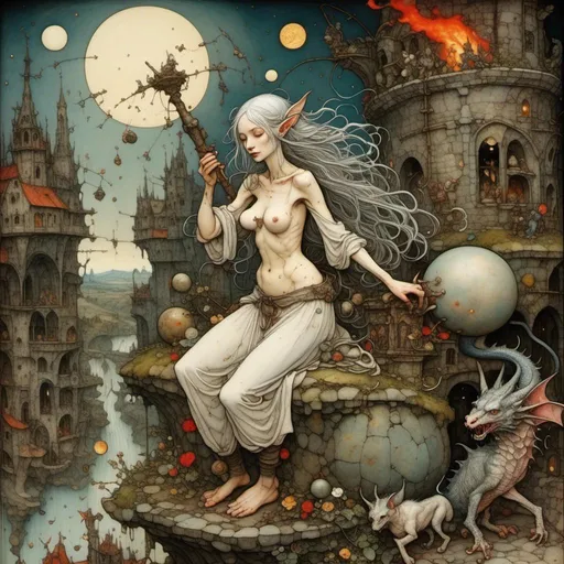 Prompt: <mymodel> Hieronymus Bosch. Medieval fantasy art with close up beautiful warrior, white air, woman. ((elves)) and dragon, fighting in a surreal landscape, in fire, full of monsters. Having in the background, a starry sky with the constellation of Orion and the Milky Way. Several moons. ((Meteors falling)). Hyper-detailed, hyper-realistic, ornate, meticulously detailed, muted colors, meticulous, intricate, highly detailed il. Cinematic light. Work of art. Extremely detailed

