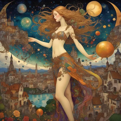 Prompt: <mymodel> A vivid and fantastical scene inspired by a fusion of Klimt's style and science fiction fantasy. It features stunning women with unique features, elves battling monsters in a medieval village under a starry sky with multiple moons, a surreal element of sea falling from the sky, and intricate details like roots, scars, grapes, and flowers.