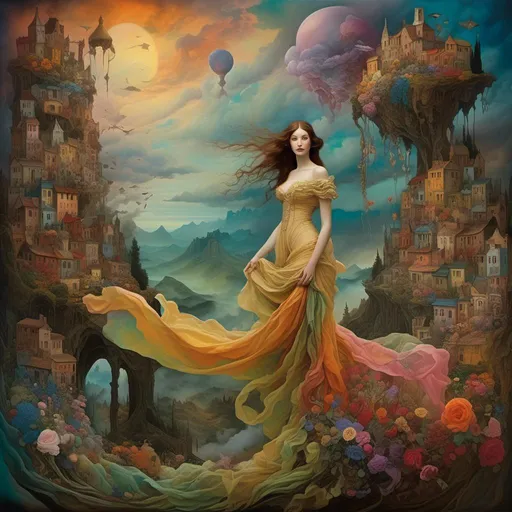 Prompt: <mymodel> (Banshee in a foolish landscape), surrealism, inspired by John William Waterhouse and Salvador Dali, ethereal atmosphere, twisted dreamscape, fantastical elements, **vivid colors**, misty background, elongated **shadows**, distorted proportions, whimsical details, exaggerated **expressions**, flowing fabrics, dramatic lighting, mysterious mood, otherworldly vegetation, hazy horizon, spiritual essence, ultra-detailed, 4K high quality.