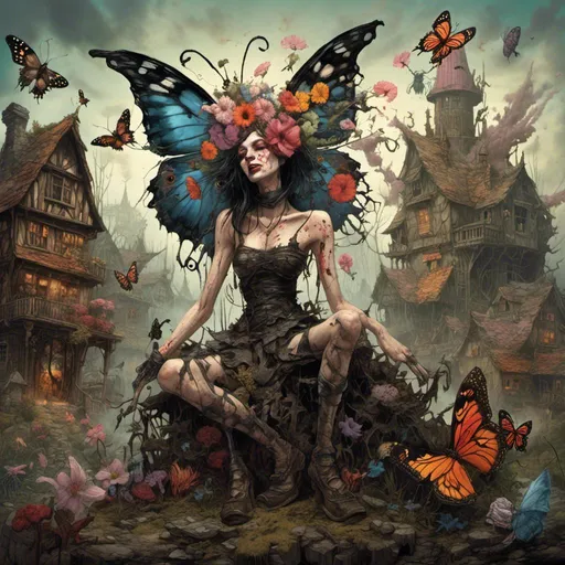 Prompt: <mymodel> DemonPunk  A giant woman invading a surreal fairy village , butterfly, flower