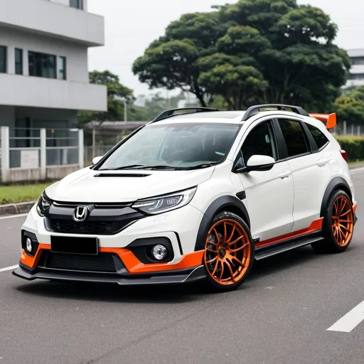 Prompt: honda br-v with a porsche 911 gt3rs front facia and replace the wheels with a bbs one and make the car lowered