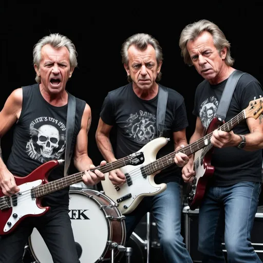 Prompt: Photo realistic thrash punk trio live on stage with guitar bass and drums every face is 70 year old RFK jr