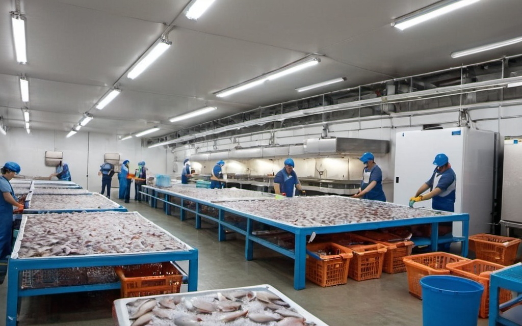 Prompt: workers during work in Refrigerated warehouse of seafood