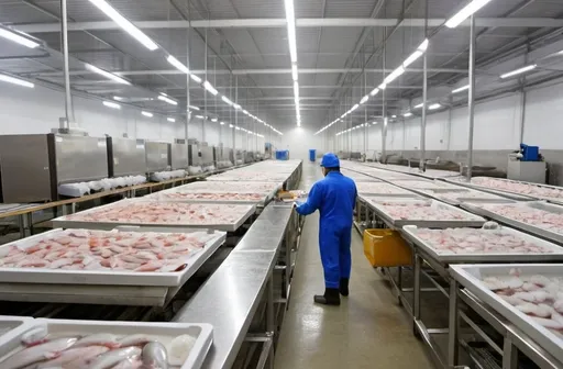 Prompt: worker during work in Refrigerated warehouse of seafood
