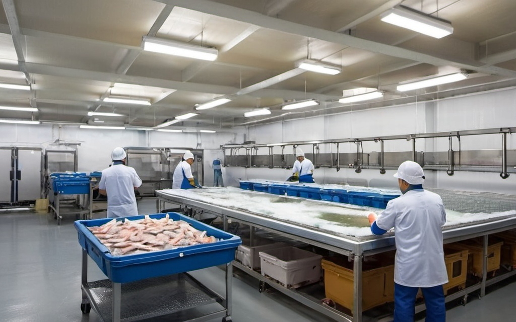 Prompt: workers during work in Refrigerated warehouse of seafood