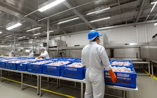Prompt: worker during work in Refrigerated warehouse of seafood