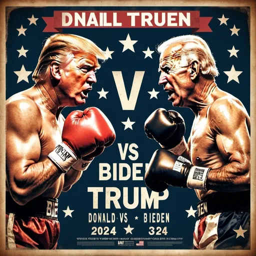 Prompt: Boxing poster of Donald Trump vs Joe Biden, 2024 election rematch, gritty vintage style, dramatic lighting, bold typography, intense expressions, high quality, gritty vintage style, dramatic lighting, intense expressions, presidential boxing match, historic rematch, intense rivalry, vintage poster design, bold typography, dramatic shadows, high contrast, presidential contenders