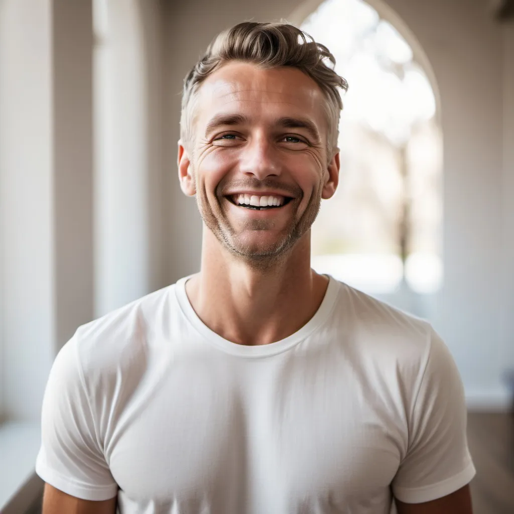 Prompt: healthy christian white man standing smiling trusting
 inspirational 

 