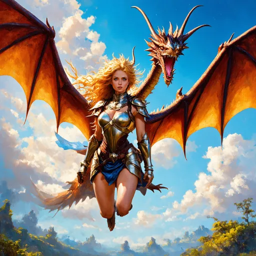 Prompt: Dragon rider Valkyrie in realistic oil painting, flying through the sky, majestic dragon with vibrant scales, ethereal wings, flowing golden hair, fierce expression, mythical landscapes, high fantasy, oil painting, vibrant colors, epic scale, detailed armor, stunning face, atmospheric lighting, professional, highres, fantasy, oil painting, dragon rider, Valkyrie, flying, majestic, ethereal, fierce expression, vibrant colors, high fantasy
