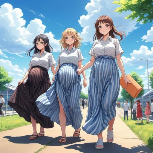 Prompt: Lots of pregnant anime girls wearing buttoned shirts and maxi long vertical striped skirts.