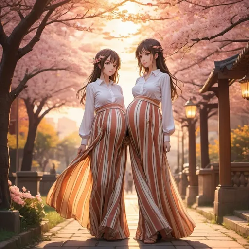 Prompt: Lots of pregnant anime girls wearing buttoned shirts and maxi long vertical striped skirts.