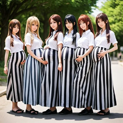 Prompt: Lots of pregnant anime girls wearing buttoned shirts and maxi long vertical striped skirts.