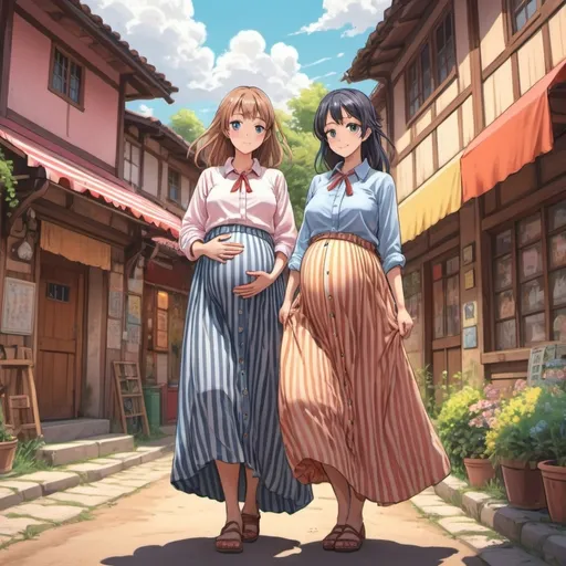 Prompt: Lots of pregnant anime girls wearing buttoned shirts and maxi long vertical striped skirts.