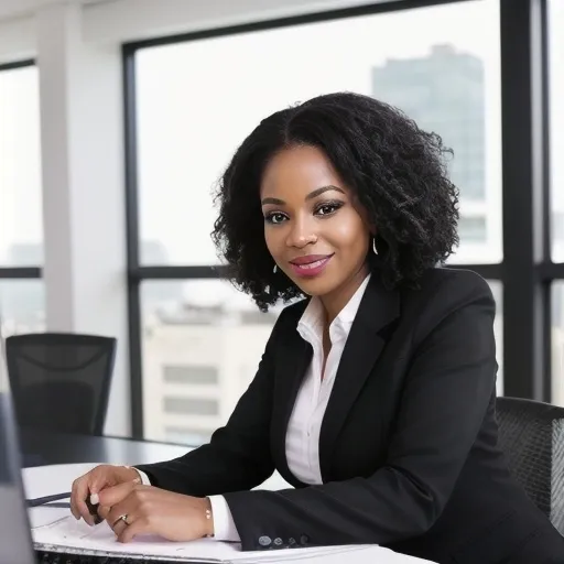 Prompt: Beautiful black woman virtual executive assistant that can respond to questions, schedule meetings, quote service prices, and make travel arrangements