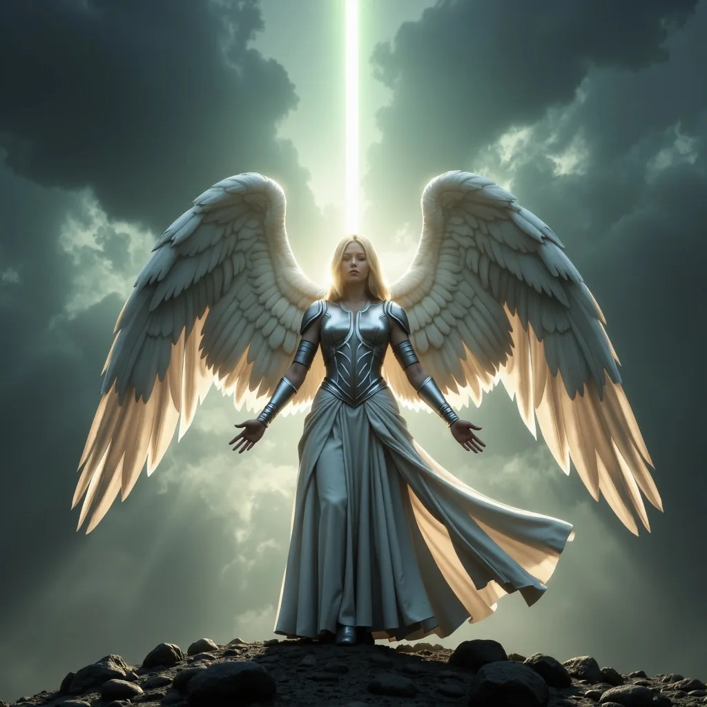 Prompt: Avenging angel, majestic wings spread wide, cloaked in ethereal white and silver tones, surrounded by an aura of vengeance. Ethereal glowing light breaking through dark stormy skies in the background, creating a captivating contrast. Powerful expression, poised stance, with determination radiating from the figure. 4K ultra-detailed, cinematic atmosphere invoking awe and intensity.