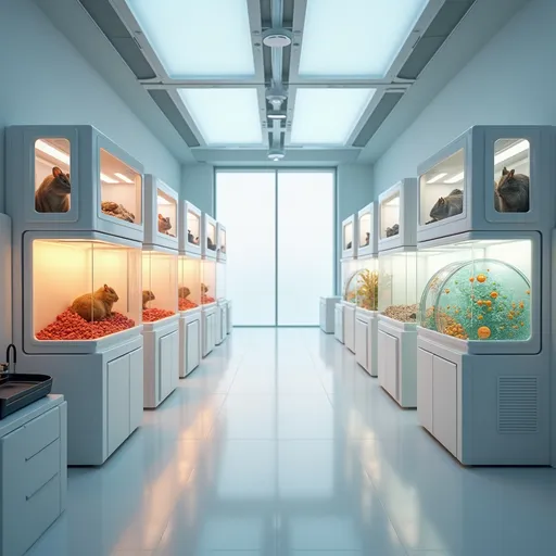 Prompt: Imagine a sleek, modern laboratory bathed in soft, ambient lighting that casts a warm glow over the sterile white surfaces. On the left side, laboratory animals—thoughtfully arranged within their spacious enclosures—exhibit various poses, some curiously peering from their habitats while others nap, embodying a sense of life and research. On the right side, gleaming glass Petri dishes are filled with vibrant, swirling cultures of cells, expertly illuminated with spotlights that enhance their delicate, translucent textures. Clear, bold labels float between these two visually contrasting worlds, accompanied by sleek, minimalist icons representing each research method. The overall atmosphere conveys a juxtaposition of life and science, creating a compelling narrative. This scene is best captured in a clean, modern infographic style, emphasizing clarity and impact.