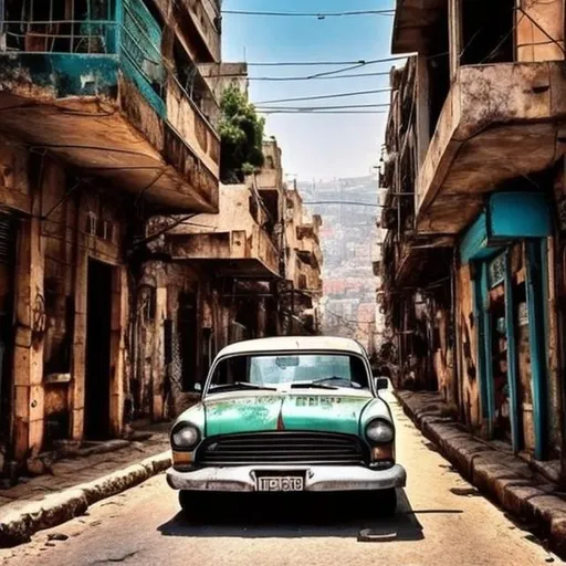 Prompt: landscape 
old car street lebanon
