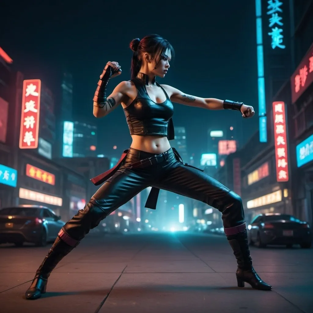 Prompt: A femme fatale cyberpunk lady fighter in kung fu fight mode stance, in future city, night time
