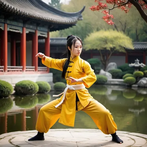 Prompt: A pretty kung fu lady in fight stance, in chinese palace garden with pond