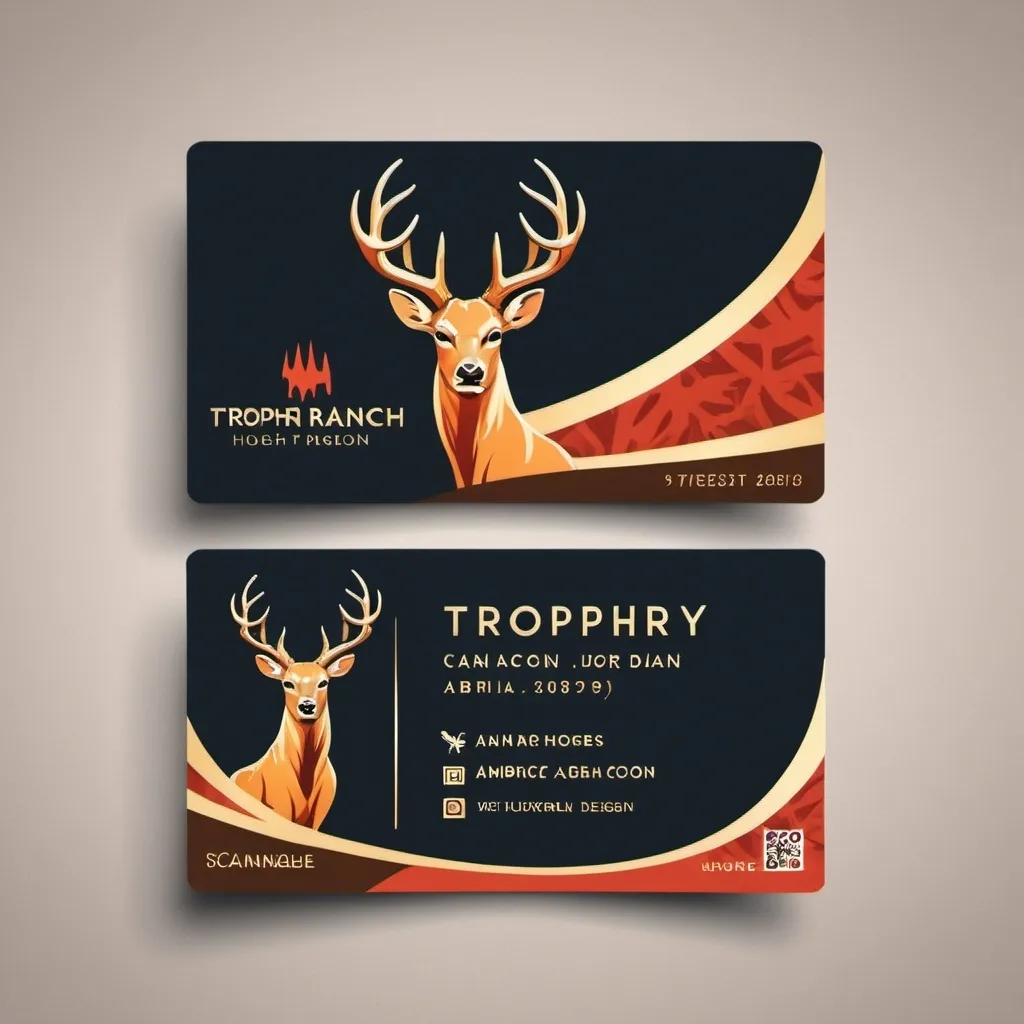 Prompt: Create a business card design with muscular trophy deer, wild hogs, axis deer and dove. Have it include the name Trophy ranch with made up address and fake scan code.