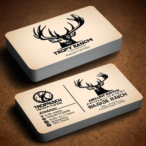 Prompt: Create a business card design with muscular trophy deer, wild hogs, axis deer and dove. Have it include the name Trophy ranch with made up address and fake scan code.