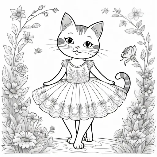 Prompt: GATA COM ROUPA DE
BAILARINA CENARIO COM FLORES
 COLORIR   PARA CRIANÇAS DE 6 A 10 ANOS SEM MUITOS DETALHES
COM LINHAS GROSSAS SEM SOBREAMENTO IMAGEM LIMPA

