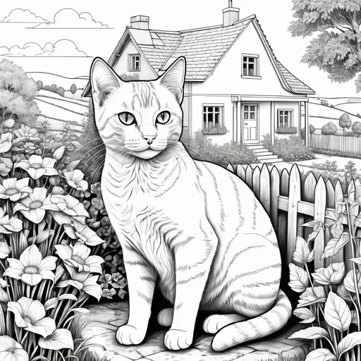 Prompt: gatos diferentes com 
para colorir 1 gato por folha
 com casa, campo, cena de jardim para colorir