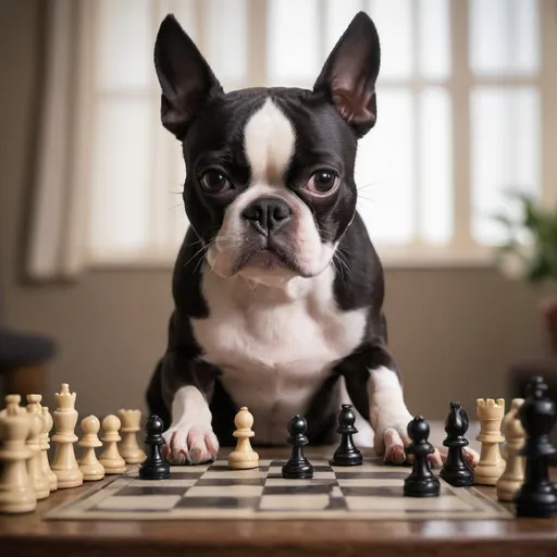 Prompt: boston terrier playing chess