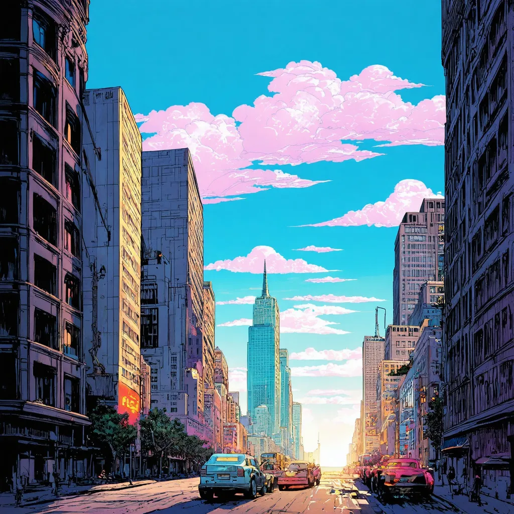 Prompt: New york city, no people, Light blue sky, clouds shinning over a city, comics, flat colors whimsical, scene, art nouveau, illustration, colored pencils, gouache, watercolor, pale palette, grim, neon glow, ink satin, intricate details, hyperdetailed, 2d, 4k