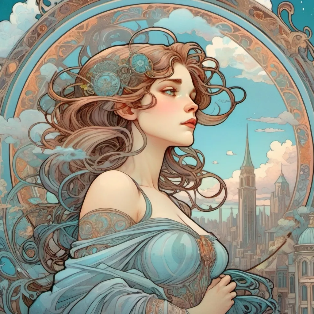 Prompt: Light blue sky with some clouds shinning over a city, comics, flat colors whimsical, scene, art nouveau, illustration, colored pencils, gouache, watercolor, pale palette, grim, neon glow, ink satin, intricate details, hyperdetailed, 2d, 4k