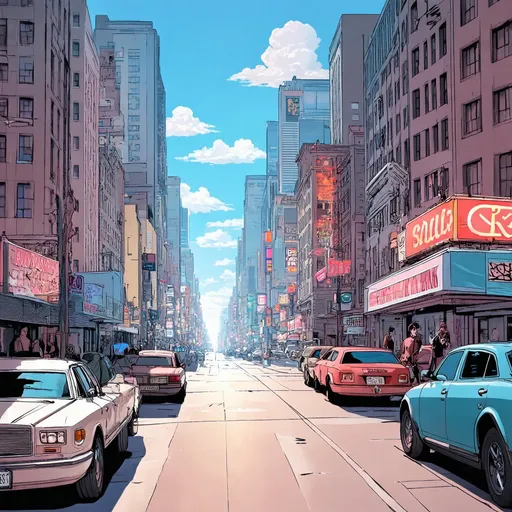 Prompt: Cars on street, new York city, no people, Light blue sky, clouds shinning over a city, comics, flat colors whimsical, scene, art nouveau, illustration, colored pencils, gouache, watercolor, pale palette, grim, neon glow, ink satin, intricate details, hyperdetailed, 2d, 4k