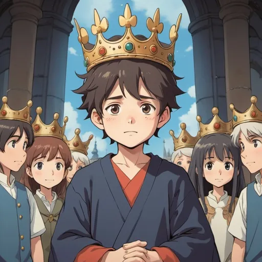 Prompt: 2d studio ghibli anime style, boy, prince, crown place on head, ceremony, beautiful, anime scene.