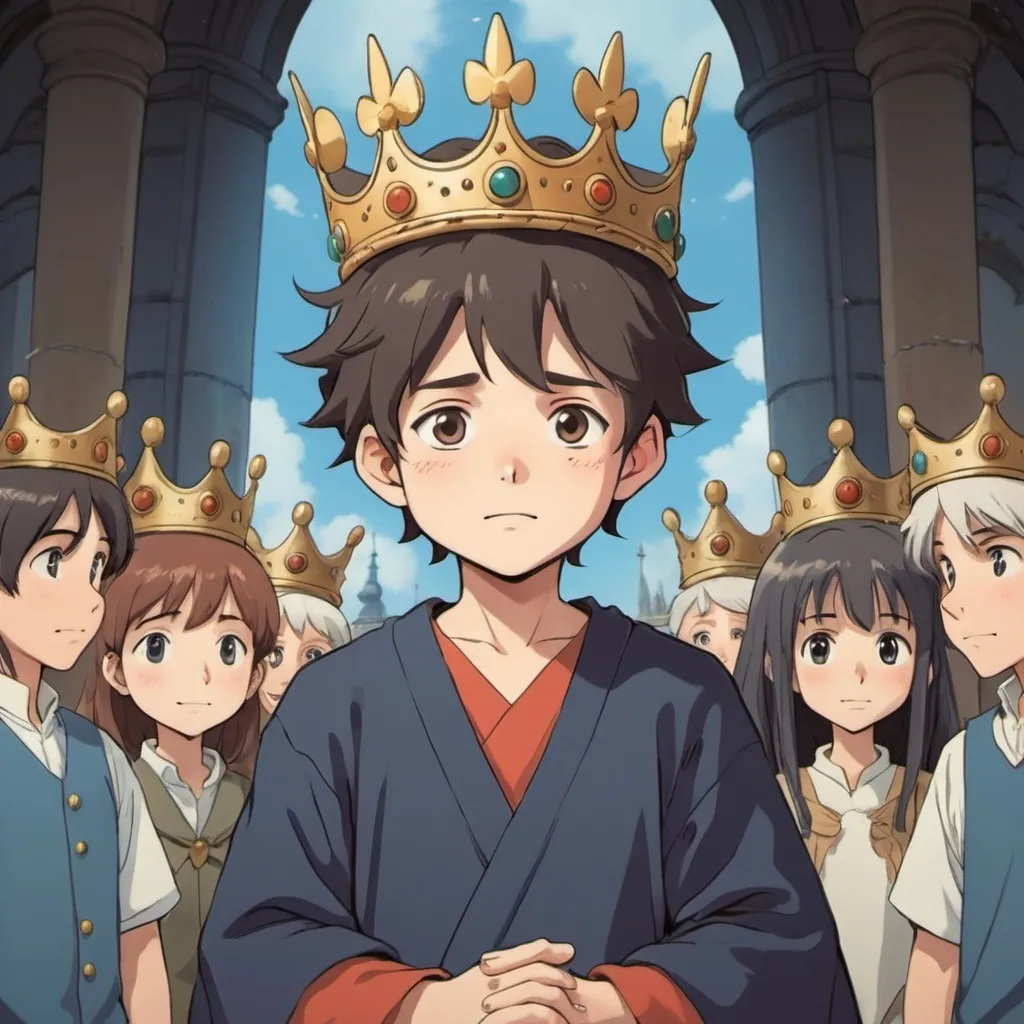 Prompt: 2d studio ghibli anime style, boy, prince, crown place on head, ceremony, beautiful, anime scene.