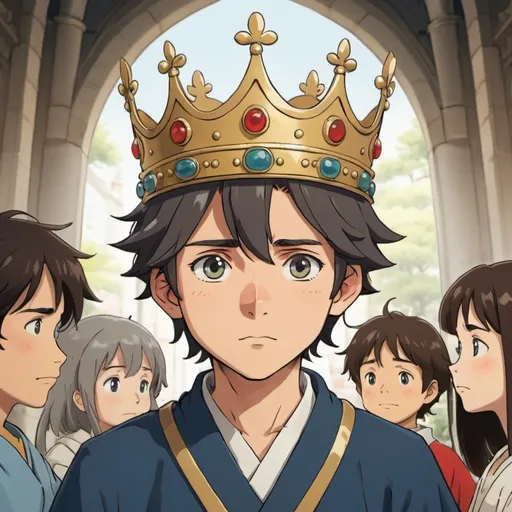 Prompt: 2d studio ghibli anime style, boy prince, crown place on head, ceremony, royalty, beautiful, anime scene.