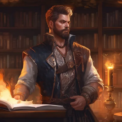 Prompt: (Full body) male stocky muscular big-chested young warlock with striped short hair and beard, hairy chest, casting swirly bright spell, in a dark library, pathfinder, d&d setting, in a realistic high quality digital art style