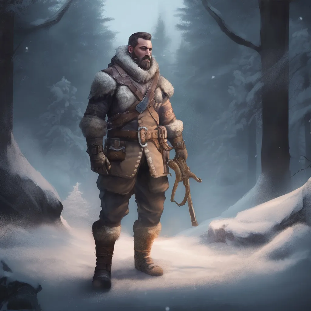 Prompt: (Full body) male handsome large muscular arctic marksman with short hair and beard, outside of a cave by a forest at night, pathfinder, d&d setting, in a realistic high quality digital art style