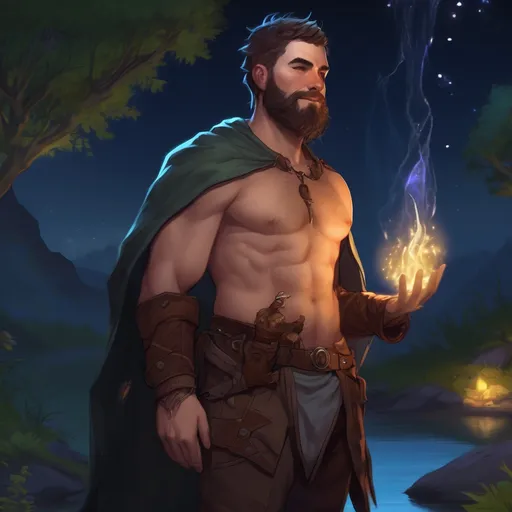 Prompt: (Full body) male thick hairy-chested mage with short hair and beard, no shirt on, in nature at night, pathfinder, d&d setting, in a realistic digital art style