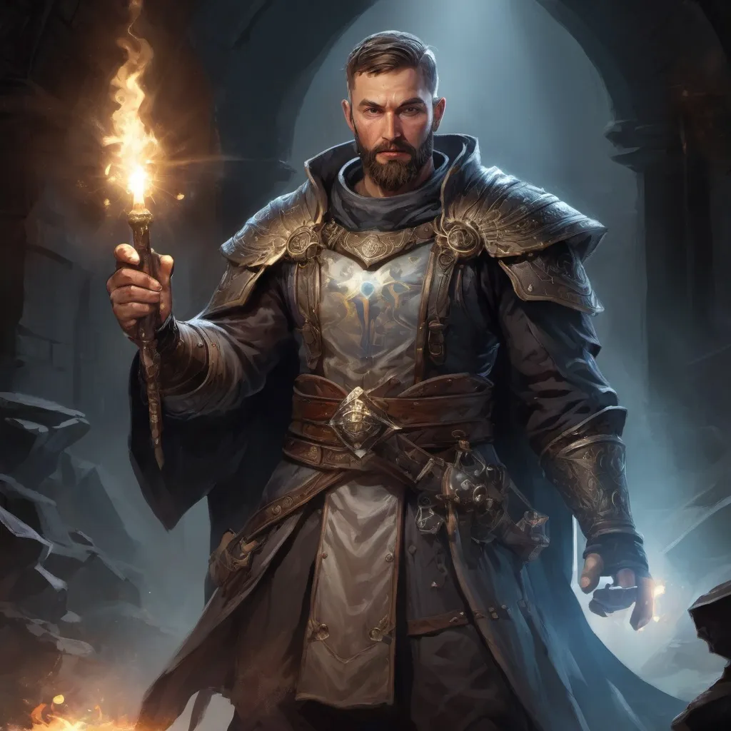 Prompt: Male stocky large estonian cleric with short-cut hair and beard, broad shoulders,  engaged in combat casting a holy light spell inside of a dark dungeon, pathfinder, d&d setting, in a realistic high quality digital art style, enhanced shadow quality, colorful