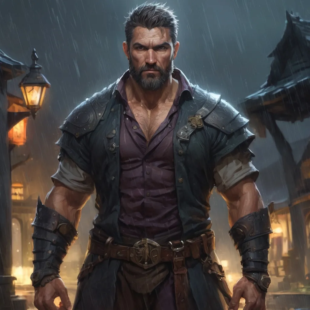 Prompt: Male stocky Muscular large mature paladin with short-cut hair and beard, open shirt, outside of a small fantasy village in the rain at night, pathfinder, d&d setting, in a realistic high quality digital art style, enhanced shadow quality, colorful