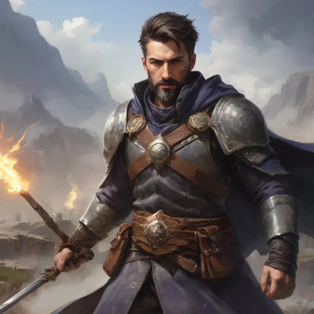 Prompt: (torso) Male heavy-set mature fit magical alchemist with short-cut hair and beard, holding fantasy-weapon, in movement, in a windy battlefield, pathfinder, d&d setting, enhanced shadow quality