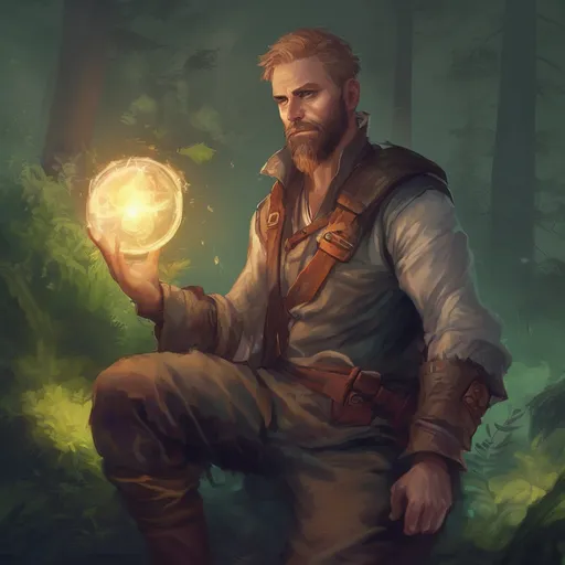 Prompt: (Full body) male stocky fantasy-ranger with short salt and pepper hair and beard, casting an nature spell, in nature at night, pathfinder, d&d setting, in a realistic digital art style