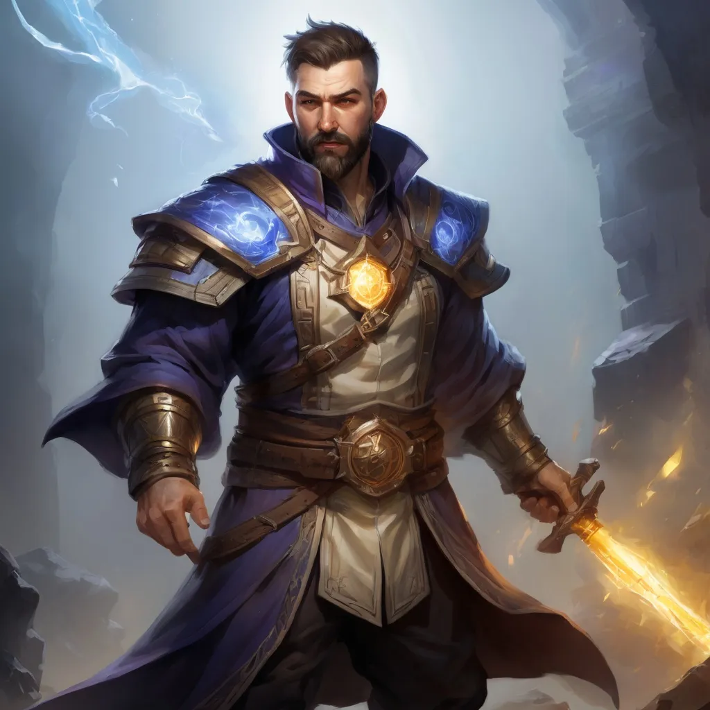 Prompt: Male stocky large mature arcane-mage with short-cut hair and beard, engaged in combat casting a prismatic-light spell inside of a dark dungeon, pathfinder, d&d setting, in a realistic high quality digital art style, enhanced shadow quality, colorful